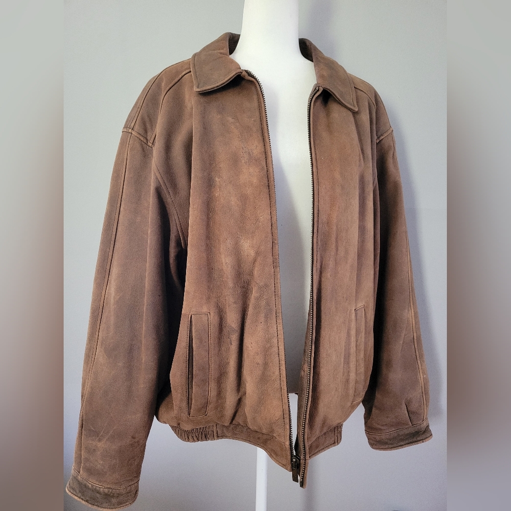 Croft & Barrow Brown Leather Zip Cafe Moto Biker Bomber Jacket Coat Mens Size XL